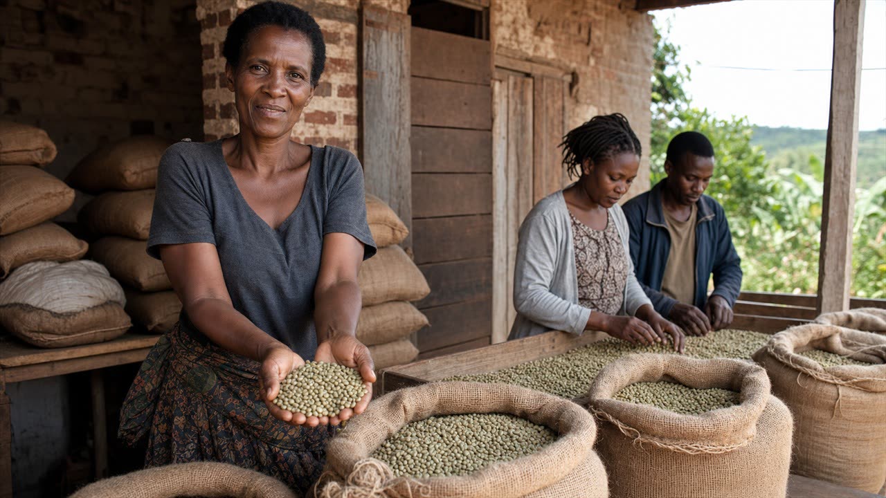 Cooperative farmers displaying clean green coffee beans ready for export