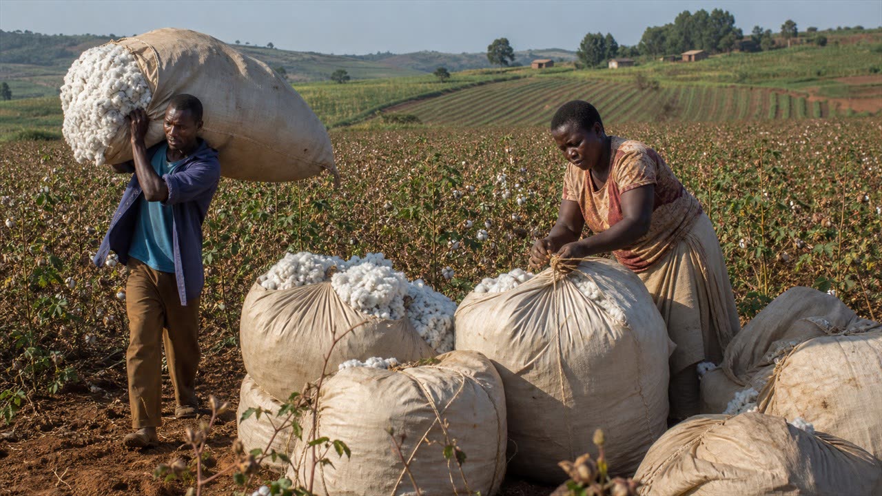 Farmers collecting large cotton bales at the field edge