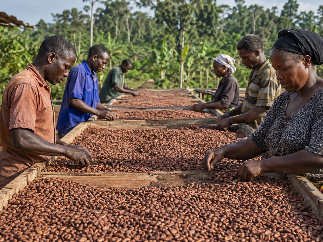 Workers turning and sorting brown cocoa beans spread on long raised drying beds