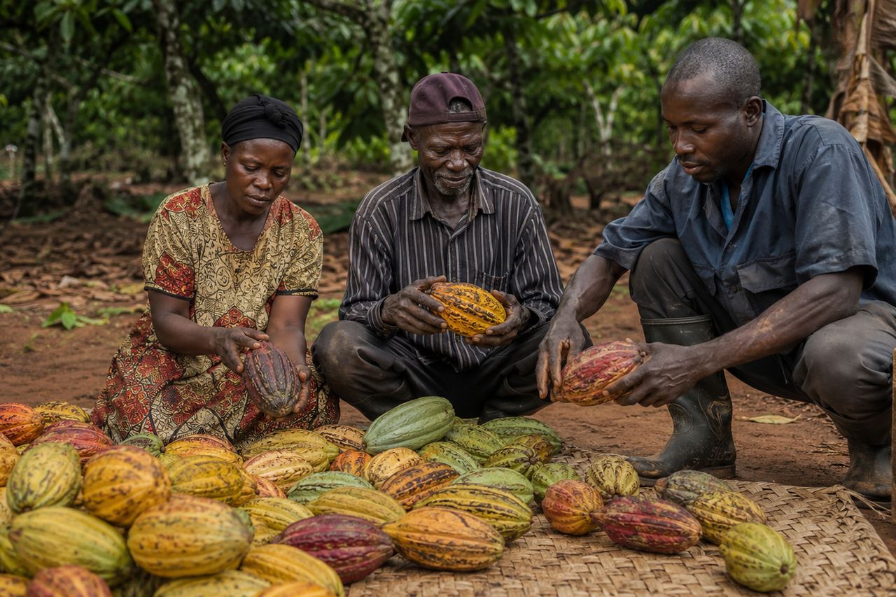 Farmers gathered around a heap of freshly harvested yellow and green cocoa pods on a woven mat