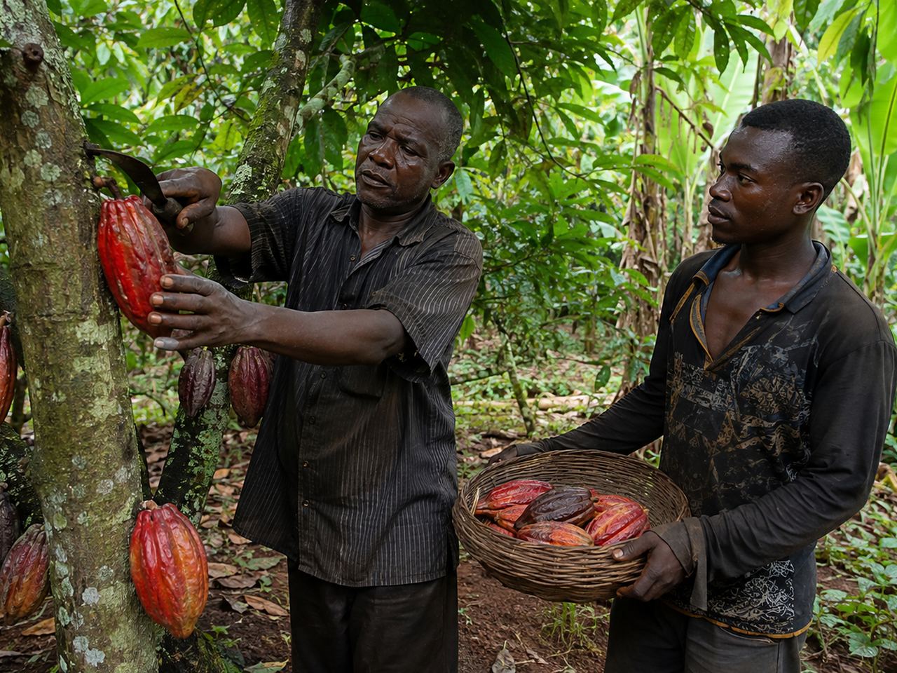 Two farmers harvesting ripe cocoa pods with a hooked knife, one holding a basket of red pods