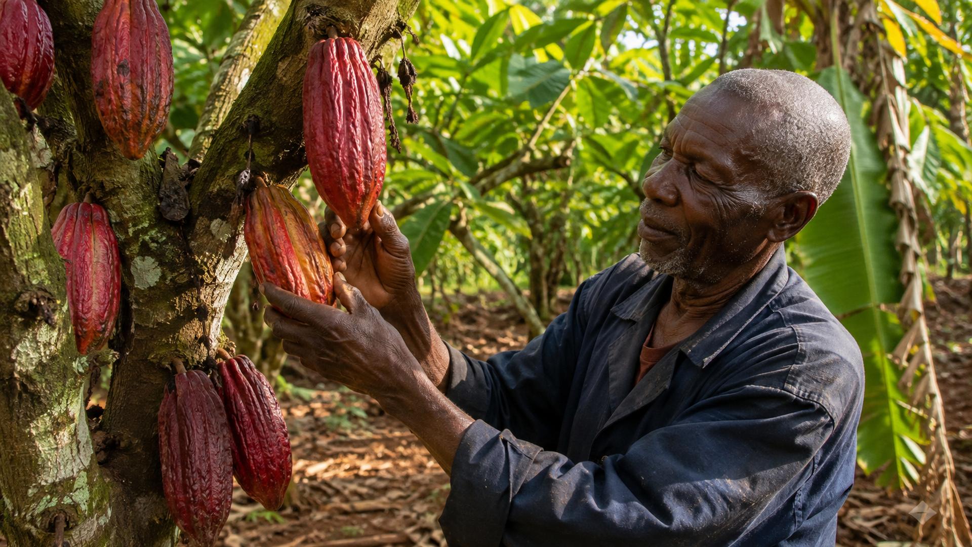A Ugandan farmer inspecting ripe red cocoa pods growing on a shaded tree in an agroforestry plot