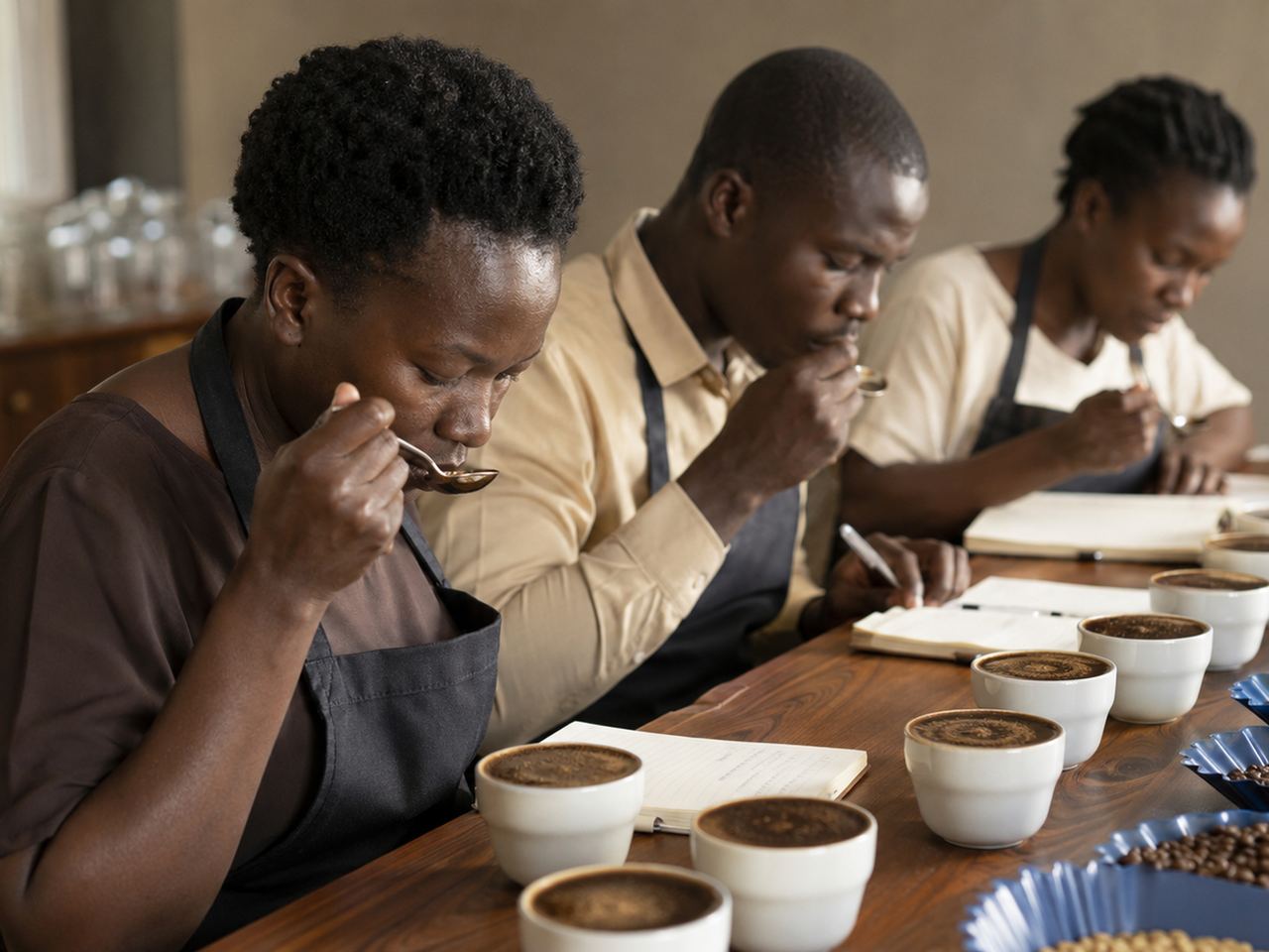 Cuppers tasting coffee from spoons over rows of cupping bowls at a tasting table