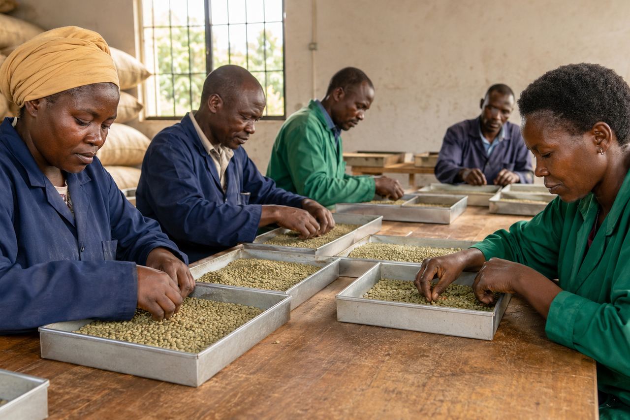 Graders hand-sorting green coffee beans in white trays at a long wooden table