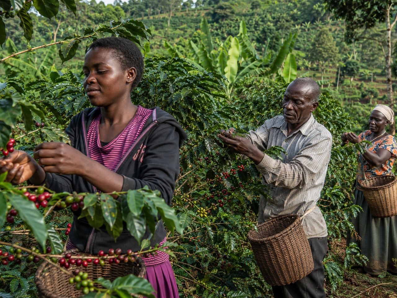 Pickers with woven baskets harvesting red coffee cherries between rows of coffee trees