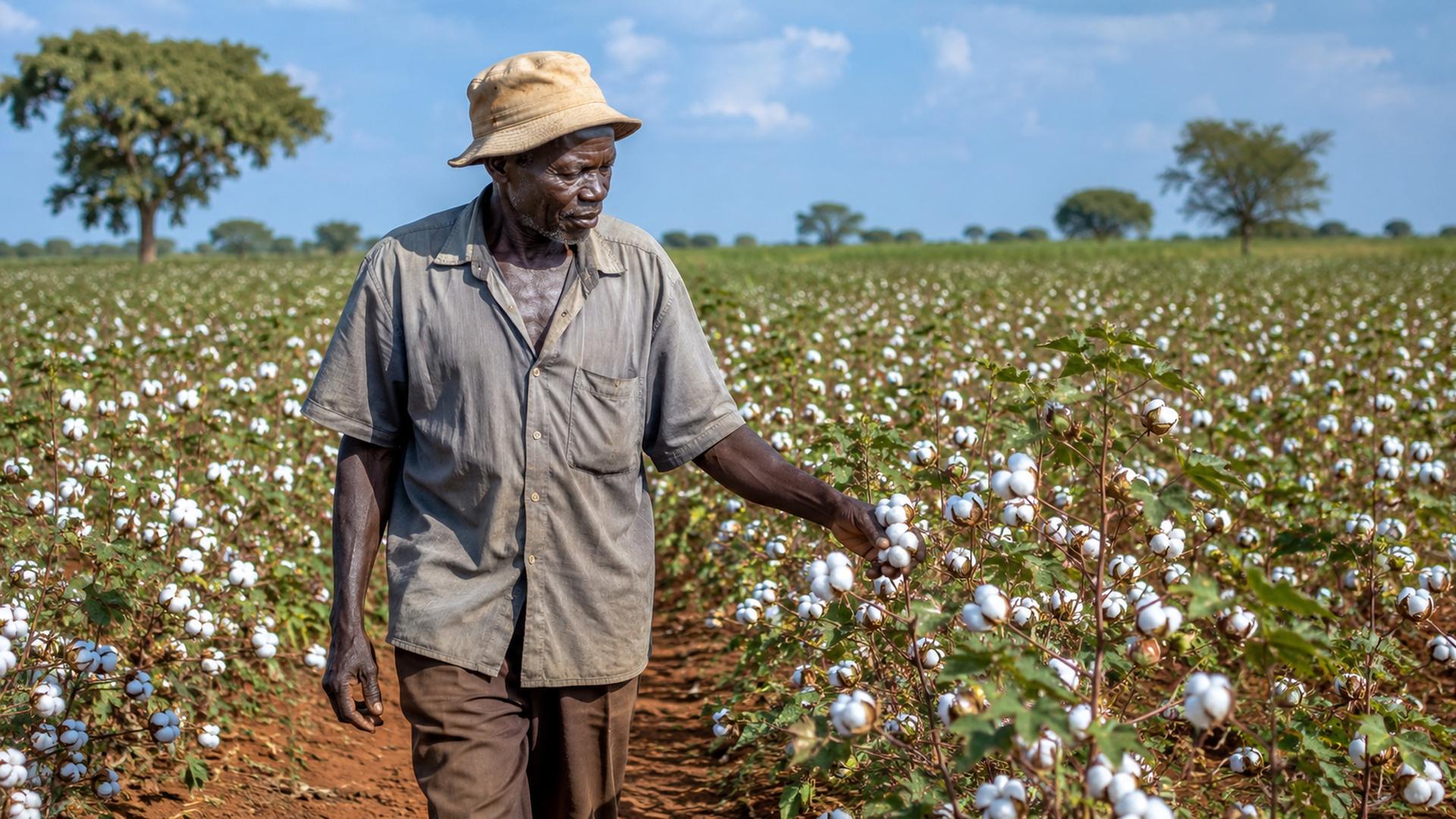 A farmer walking through a field of open white cotton bolls under a wide blue sky in northern Uganda