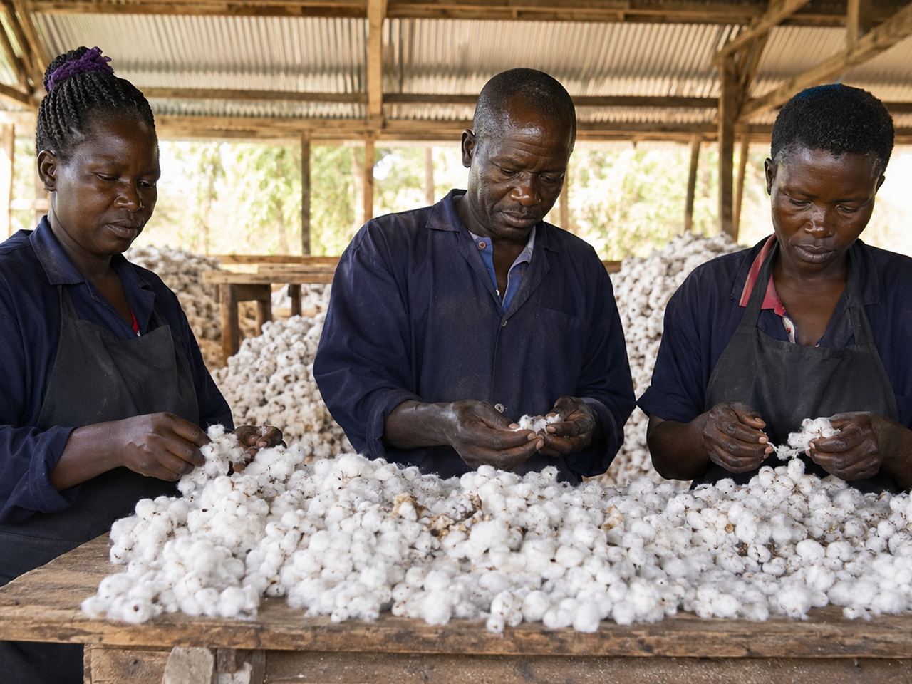 Quality inspectors examining raw white cotton fibre by hand under a ginnery shelter