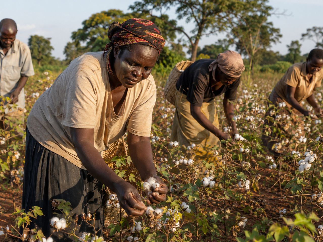 Farmers hand-picking open cotton bolls from chest-high plants in a Ugandan field