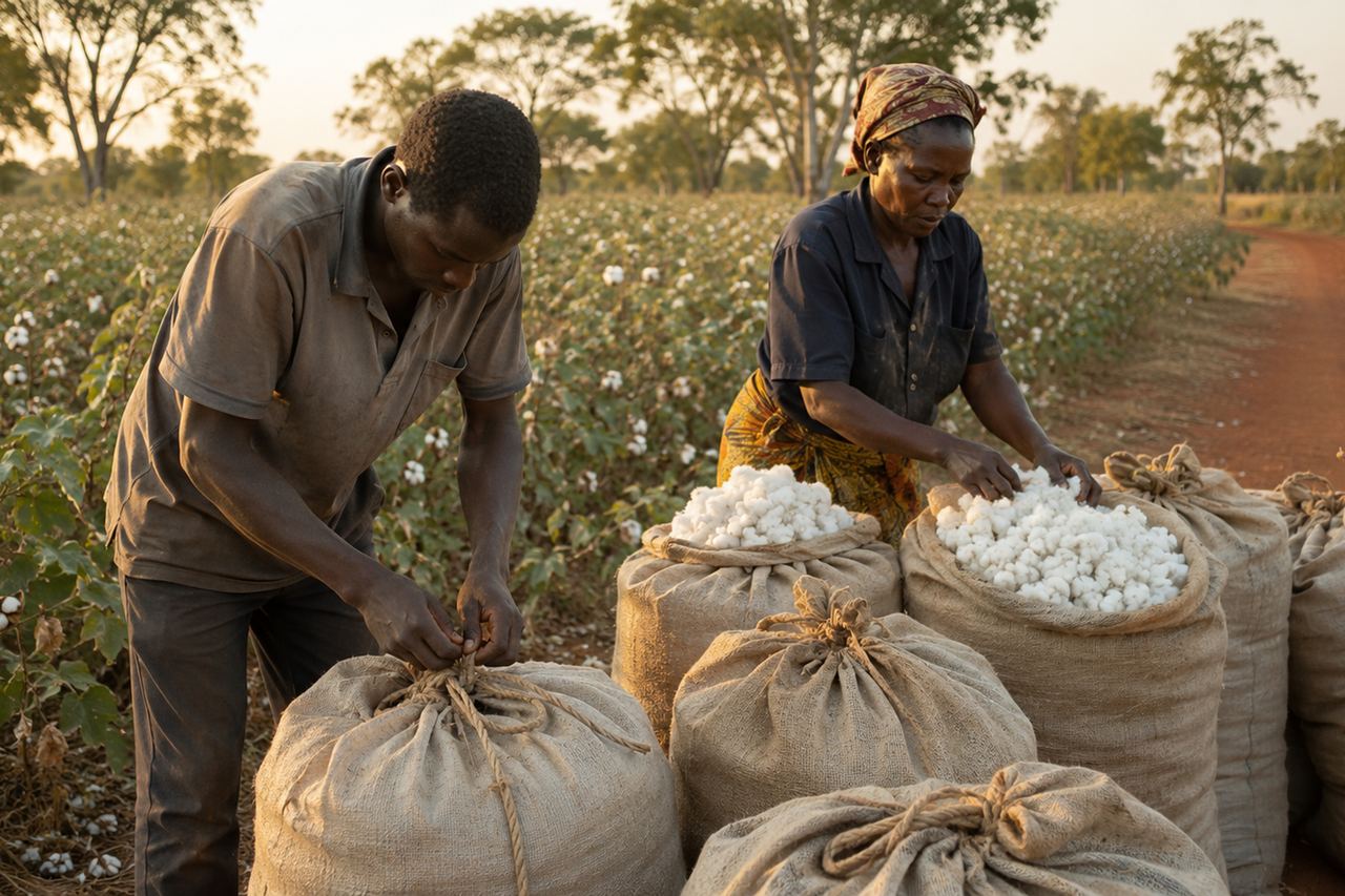 Farmers filling jute sacks with freshly picked white seed cotton at the edge of a field